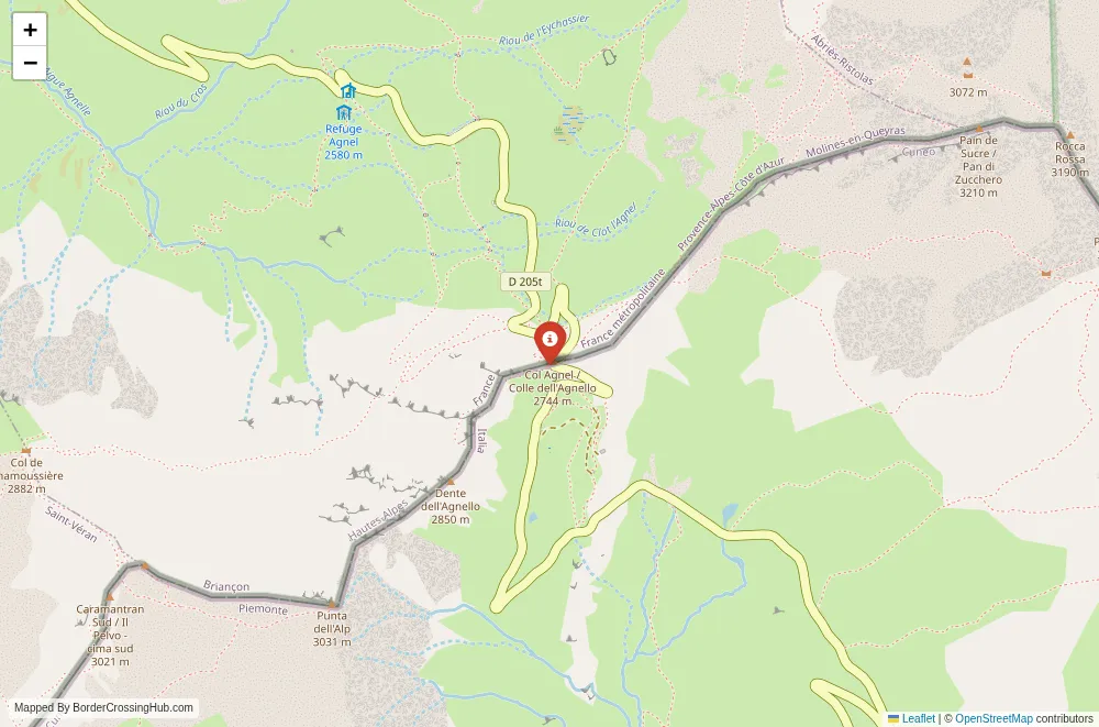 Close-up map showing a border crossing point with marker at the selected land port of entry between France and Italy