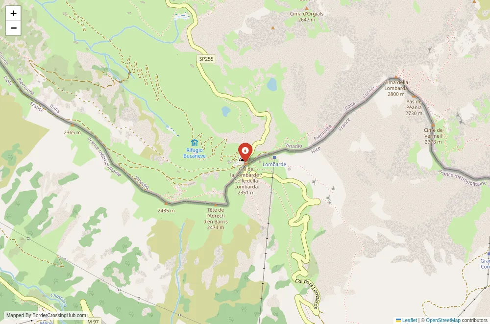 Close-up map showing a border crossing point with marker at the selected land port of entry between France and Italy