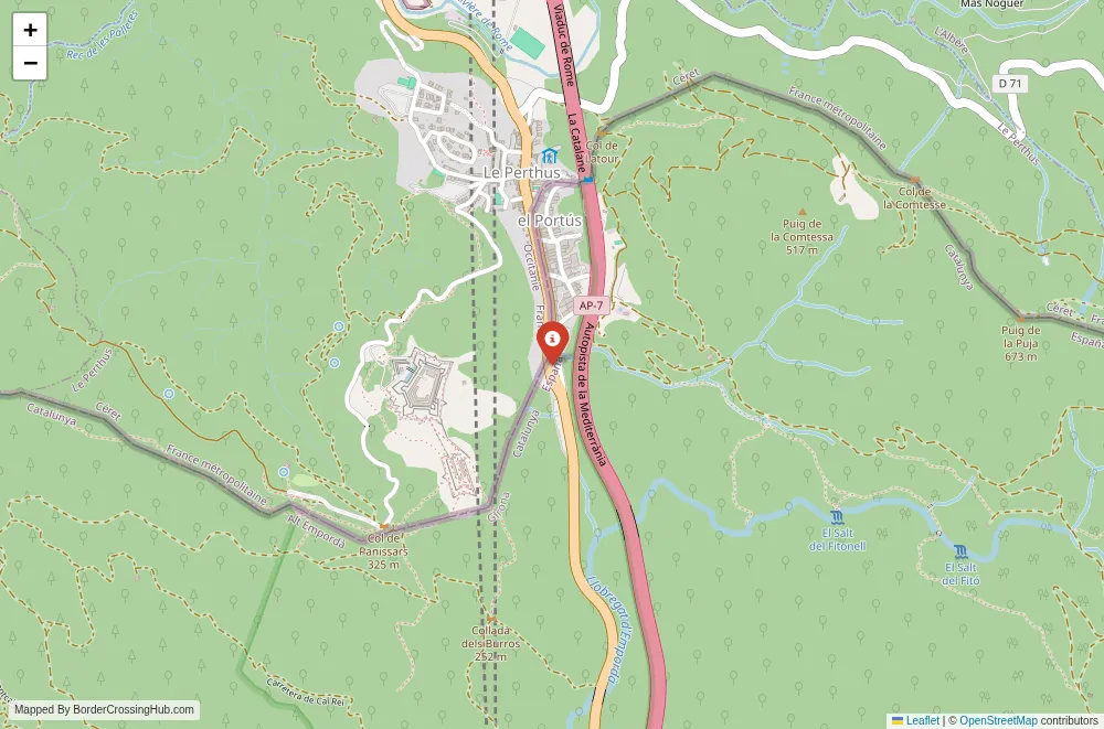 Close-up map showing a border crossing point with marker at the selected land port of entry between France and Spain