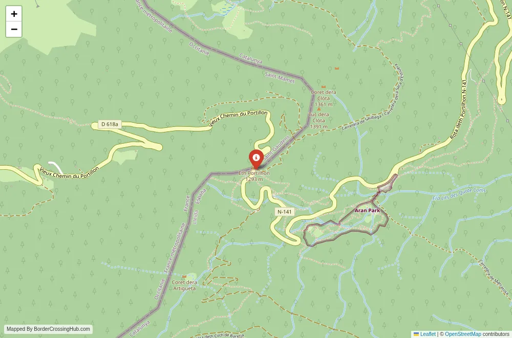 Close-up map showing a border crossing point with marker at the selected land port of entry between France and Spain