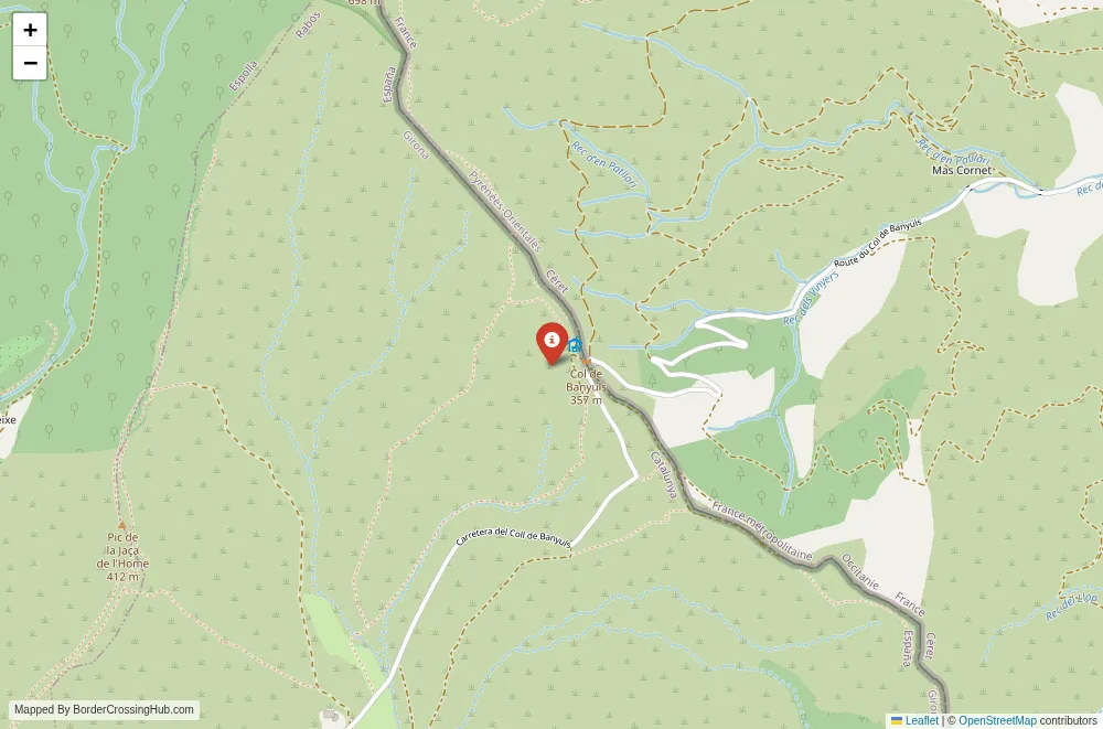 Close-up map showing a border crossing point with marker at the selected land port of entry between France and Spain