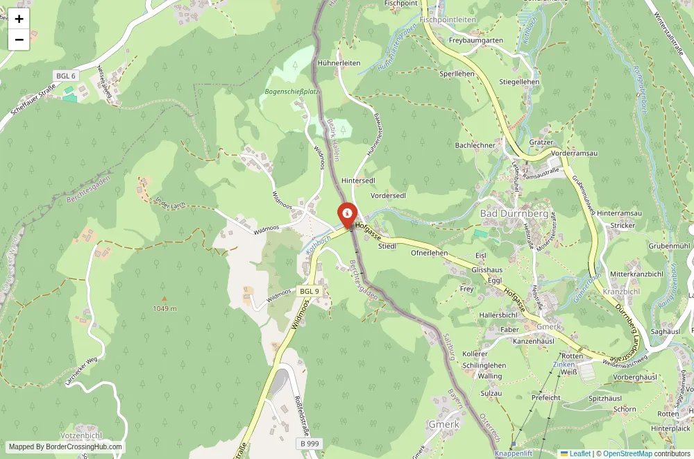 Close-up map showing a border crossing point with marker at the selected land port of entry between Austria and Germany