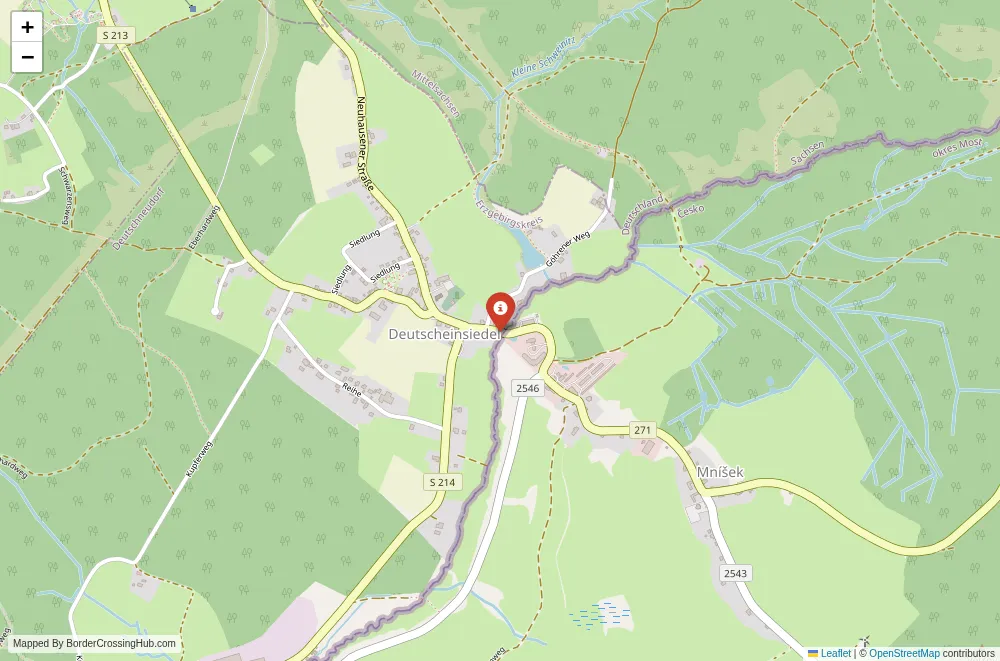 Close-up map showing a border crossing point with marker at the selected land port of entry between Germany and Czech Republic