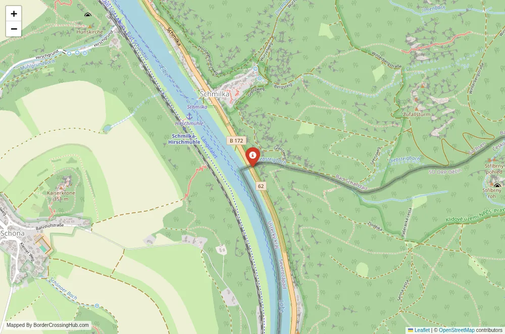 Close-up map showing a border crossing point with marker at the selected land port of entry between Czech Republic and Germany