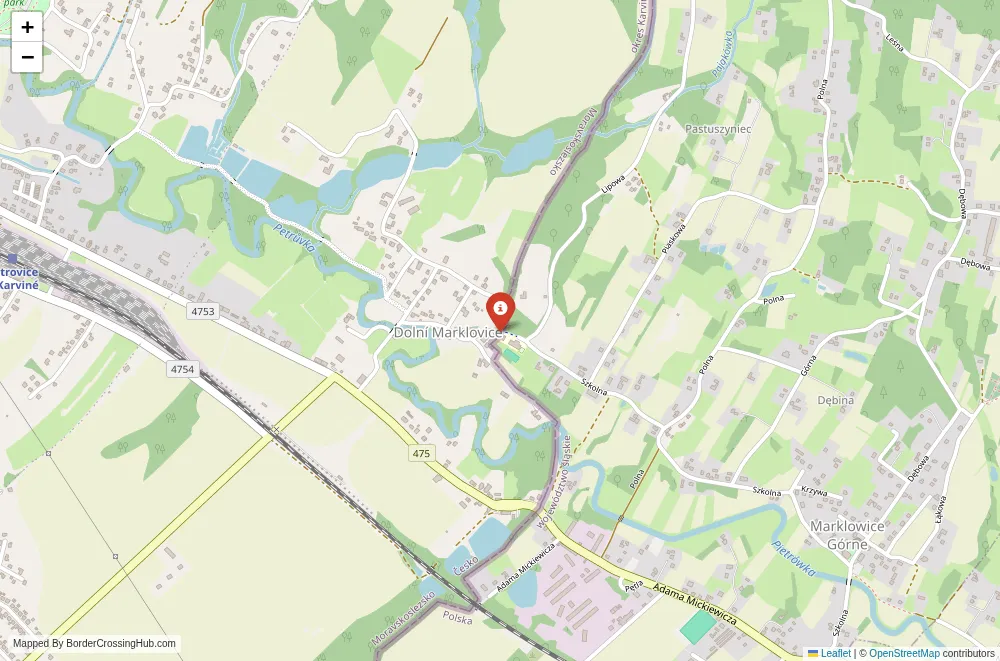 Close-up map showing a border crossing point with marker at the selected land port of entry between Czech Republic and Poland