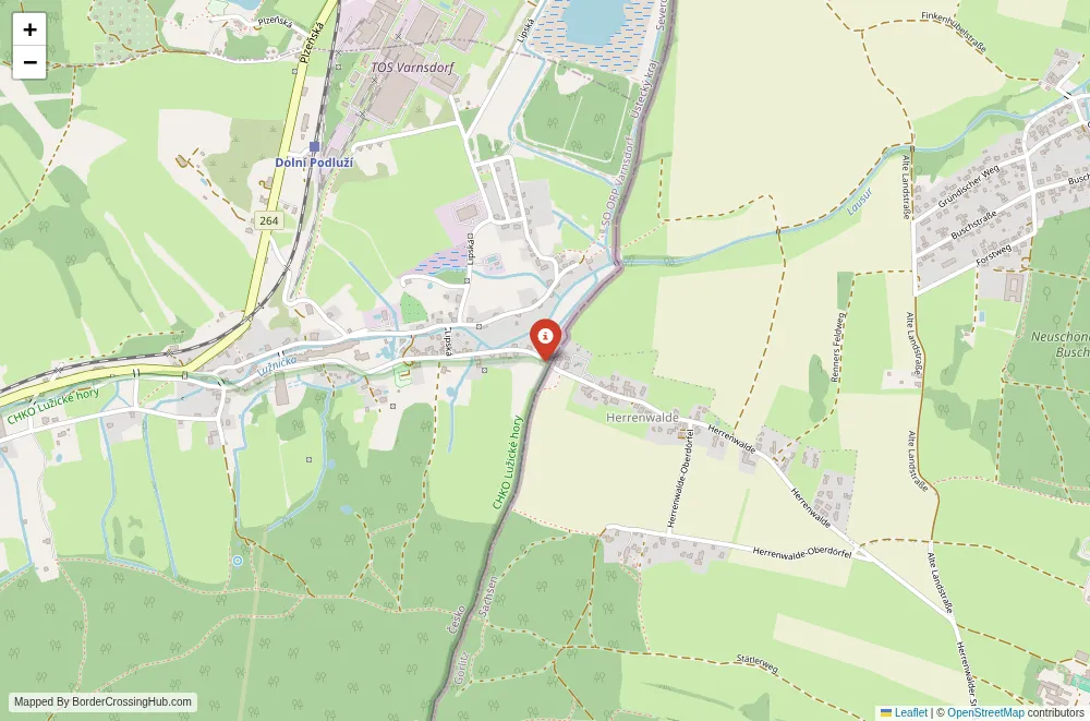 Close-up map showing a border crossing point with marker at the selected land port of entry between Czech Republic and Germany