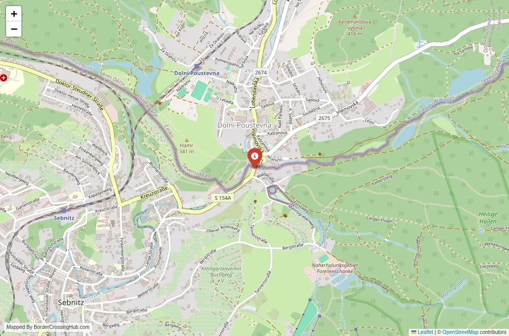 Close-up map showing a border crossing point with marker at the selected land port of entry between Czech Republic and Germany