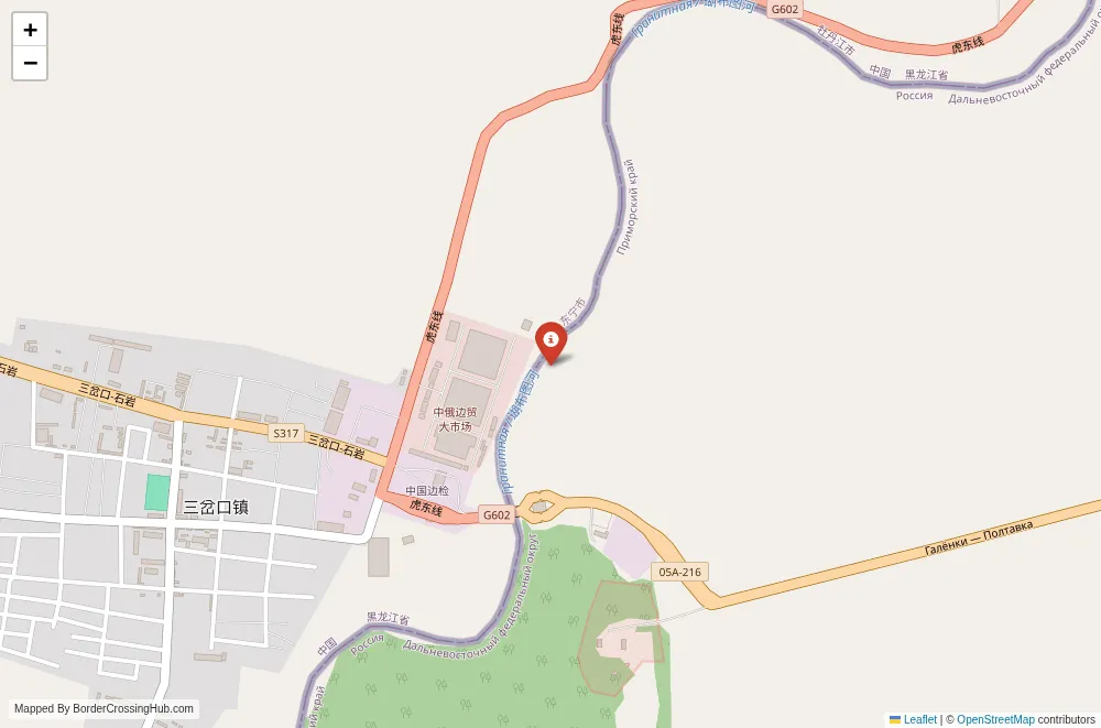 Close-up map showing a border crossing point with marker at the selected land port of entry between China and Russia