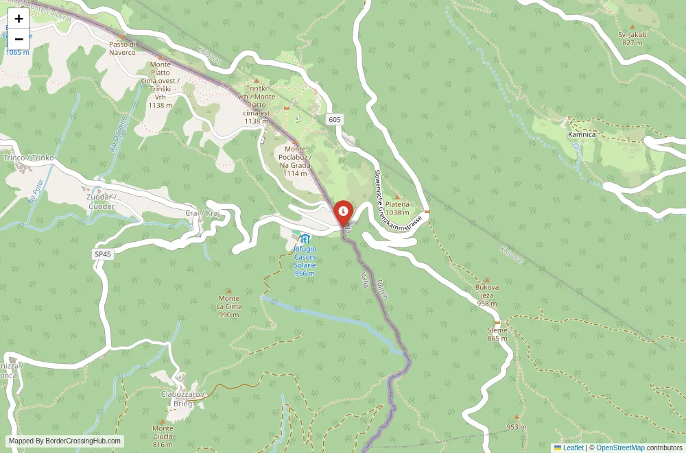 Close-up map showing a border crossing point with marker at the selected land port of entry between Italy and Slovenia