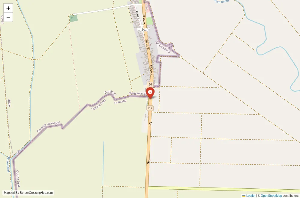 Close-up map showing a border crossing point with marker at the selected land port of entry between Croatia and Hungary