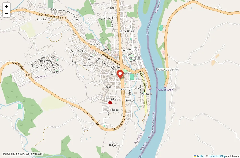 Close-up map showing a border crossing point with marker at the selected land port of entry between Argentina and Brazil