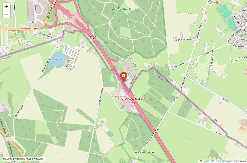 Close-up map showing a border crossing point with marker at the selected land port of entry between Germany and Netherlands