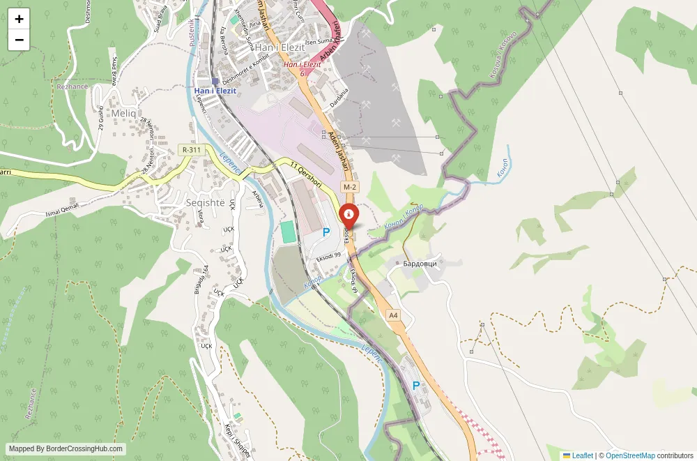 Close-up map showing a border crossing point with marker at the selected land port of entry between Serbia and North Macedonia