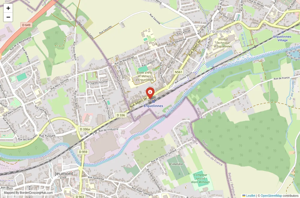 Close-up map showing a border crossing point with marker at the selected land port of entry between Belgium and France