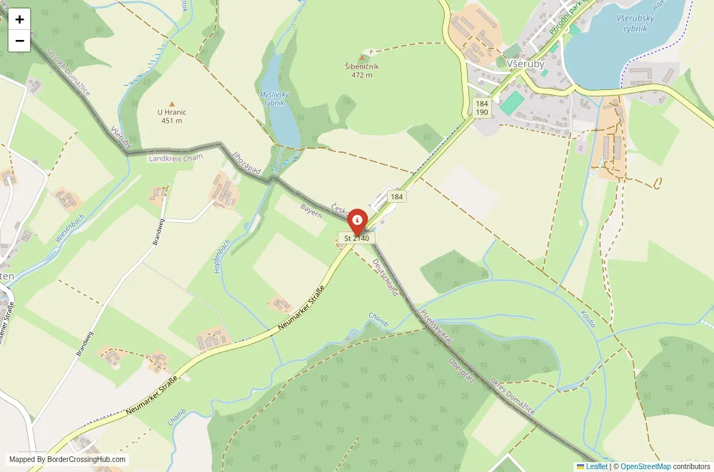 Close-up map showing a border crossing point with marker at the selected land port of entry between Germany and Czech Republic