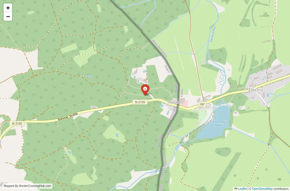 Close-up map showing a border crossing point with marker at the selected land port of entry between Germany and Czech Republic