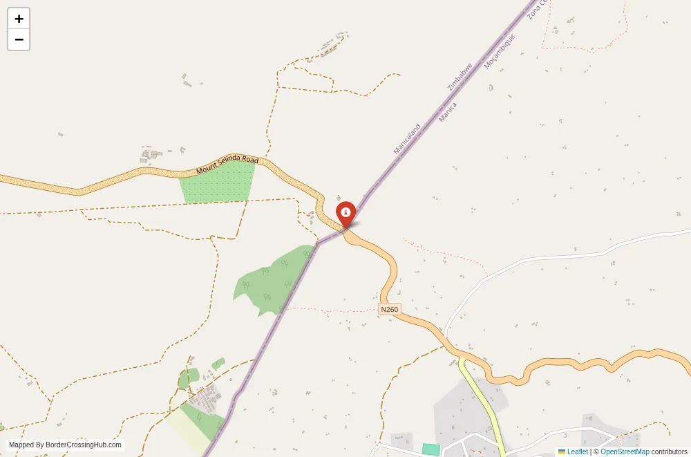 Close-up map showing a border crossing point with marker at the selected land port of entry between Mozambique and Zimbabwe