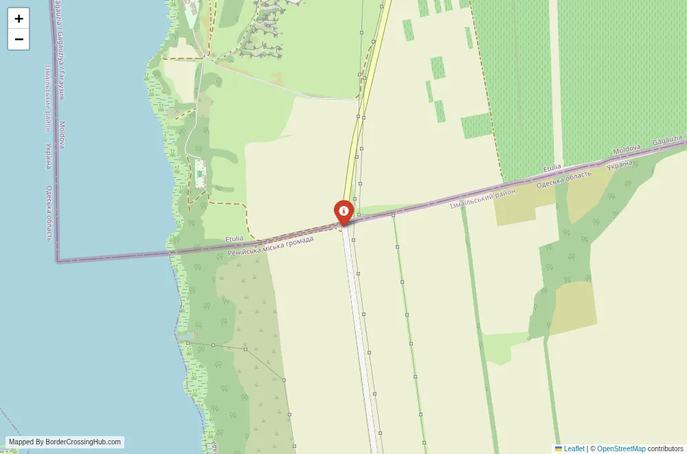 Close-up map showing a border crossing point with marker at the selected land port of entry between Moldova and Ukraine