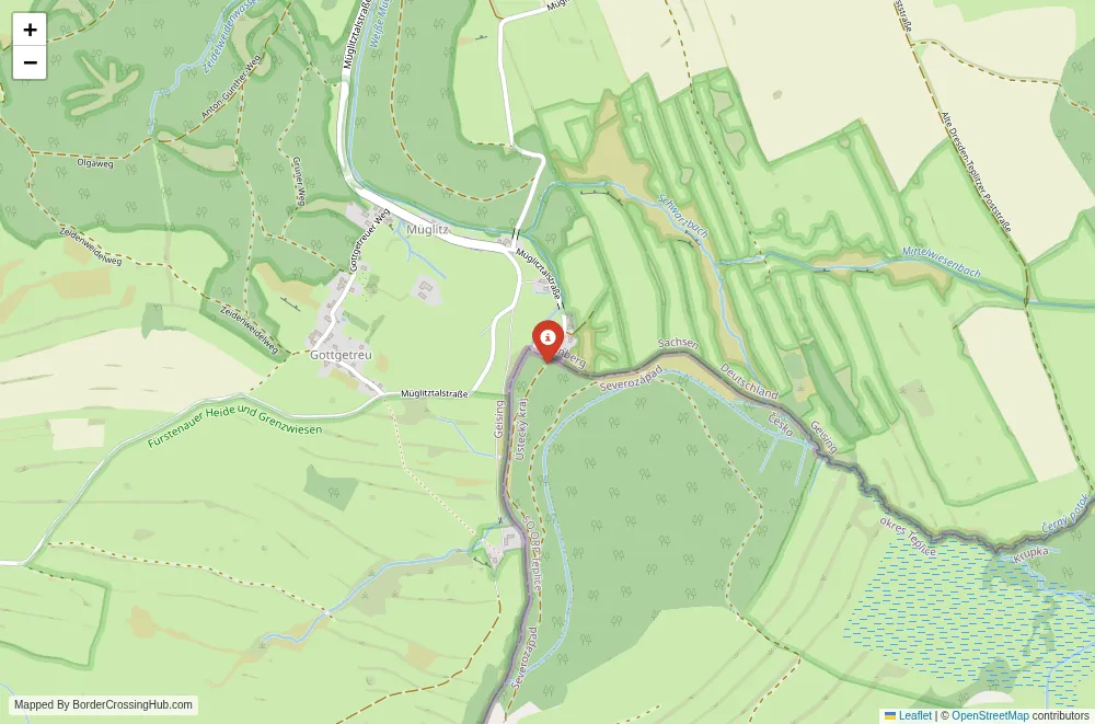 Close-up map showing a border crossing point with marker at the selected land port of entry between Czech Republic and Germany