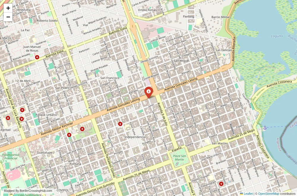 Close-up map showing a border crossing point with marker at the selected land port of entry between Argentina and Paraguay