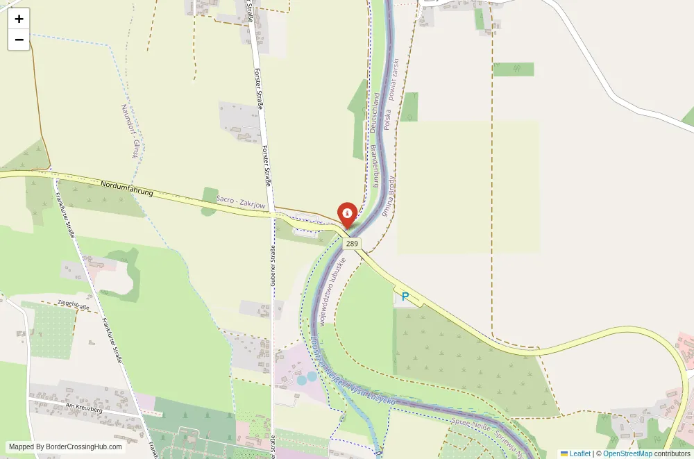 Close-up map showing a border crossing point with marker at the selected land port of entry between Germany and Poland