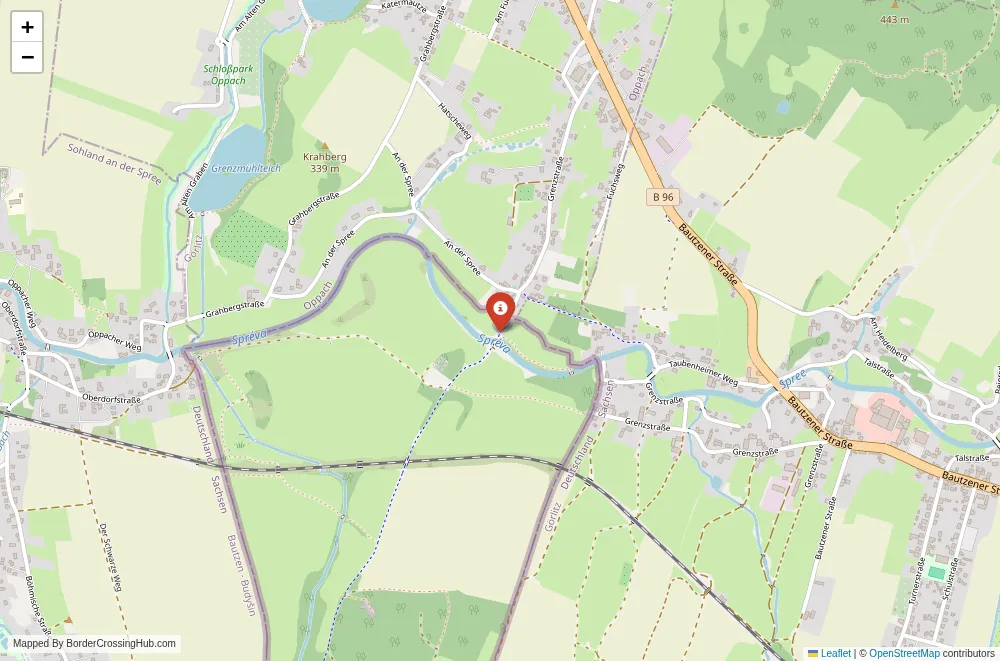 Close-up map showing a border crossing point with marker at the selected land port of entry between Czech Republic and Germany