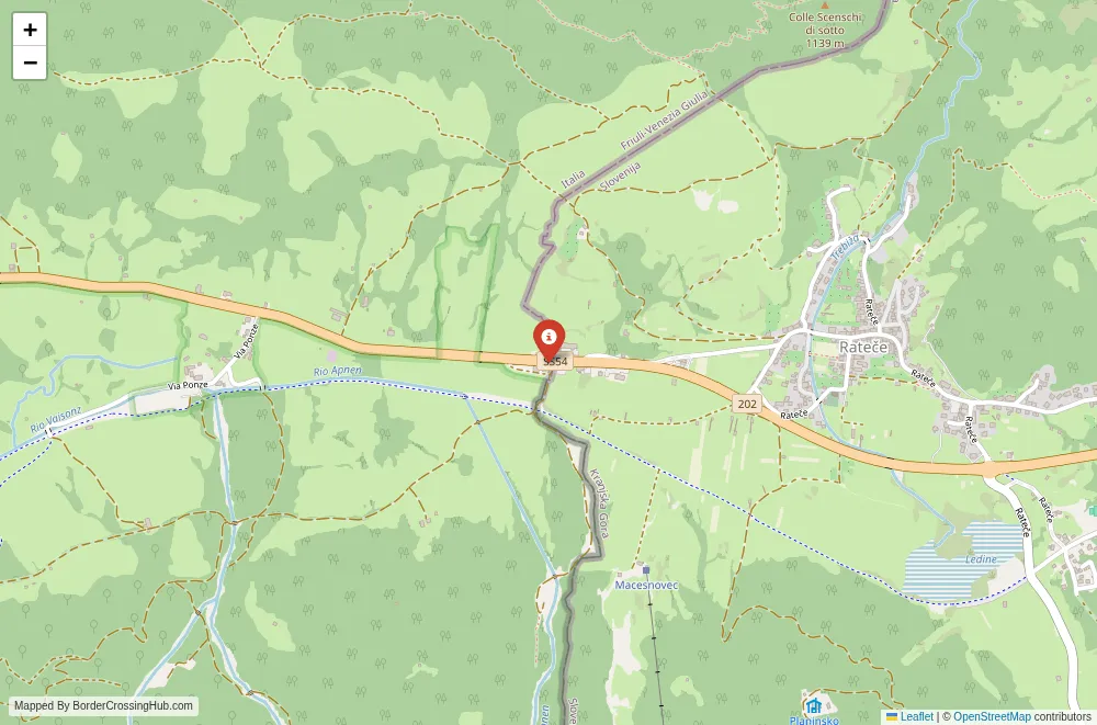 Close-up map showing a border crossing point with marker at the selected land port of entry between Italy and Slovenia