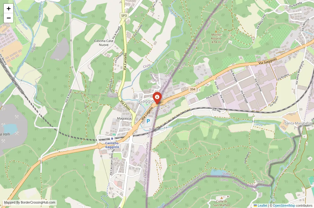 Close-up map showing a border crossing point with marker at the selected land port of entry between Switzerland and Italy