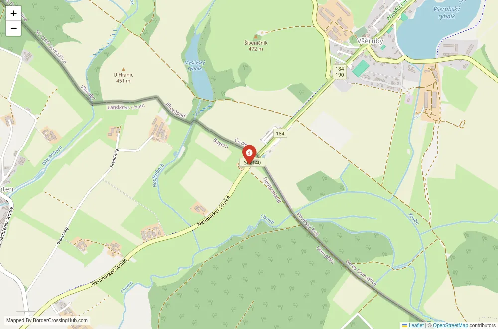 Close-up map showing a border crossing point with marker at the selected land port of entry between Germany and Czech Republic