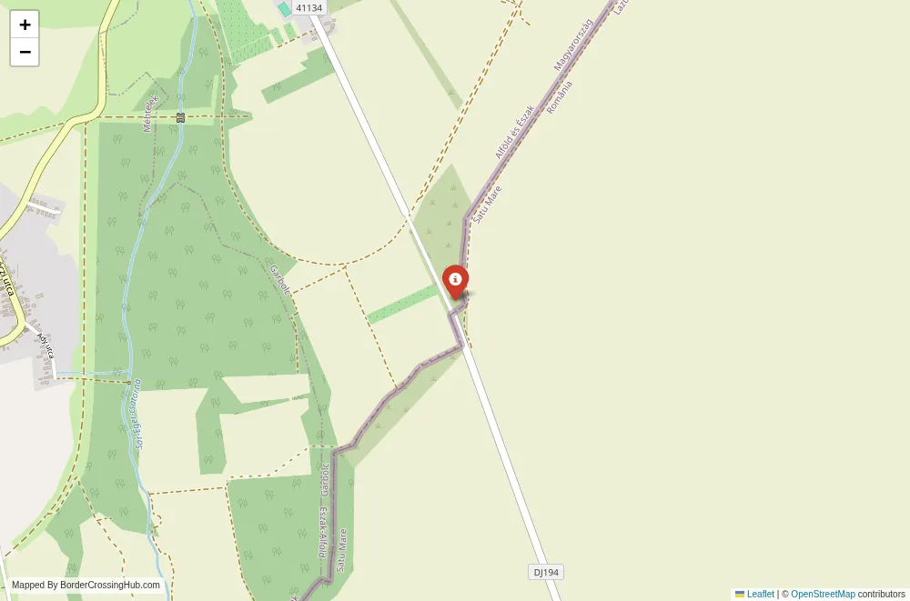 Close-up map showing a border crossing point with marker at the selected land port of entry between Hungary and Romania