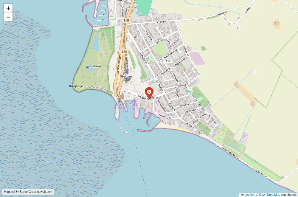 Close-up map showing a border crossing point with marker at the selected land port of entry between Denmark and Germany