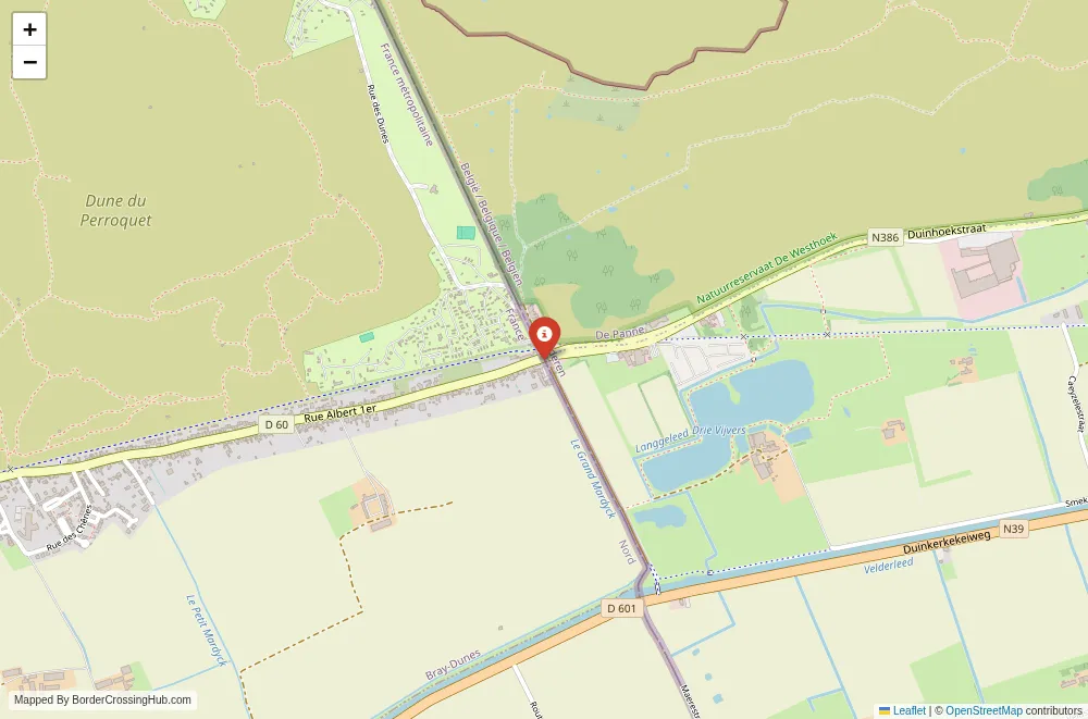 Close-up map showing a border crossing point with marker at the selected land port of entry between France and Belgium