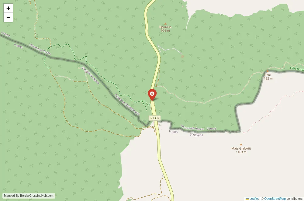 Close-up map showing a border crossing point with marker at the selected land port of entry between Albania and North Macedonia