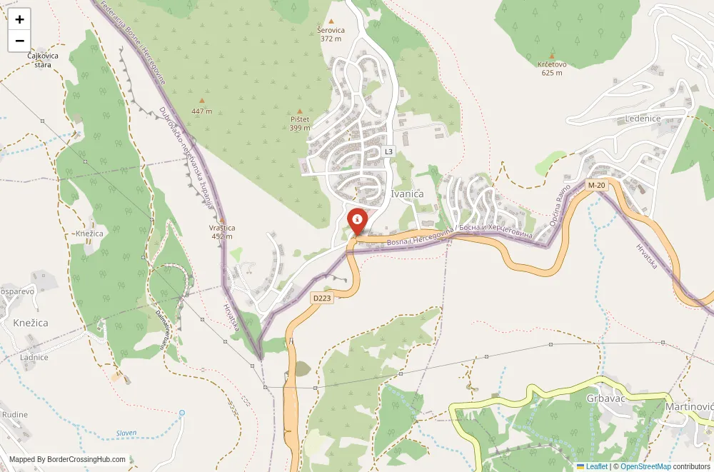 Close-up map showing a border crossing point with marker at the selected land port of entry between Croatia and Bosnia and Herzegovina