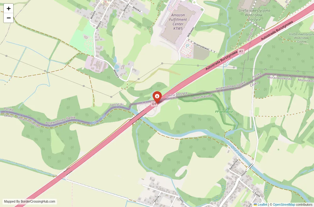 Close-up map showing a border crossing point with marker at the selected land port of entry between Poland and Czech Republic