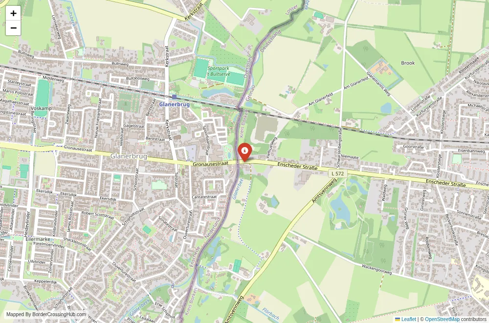 Close-up map showing a border crossing point with marker at the selected land port of entry between Germany and Netherlands