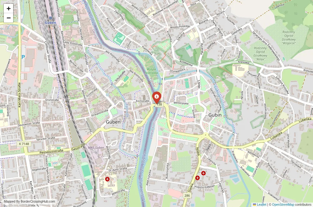Close-up map showing a border crossing point with marker at the selected land port of entry between Poland and Germany