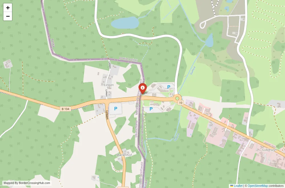 Close-up map showing a border crossing point with marker at the selected land port of entry between Poland and Germany