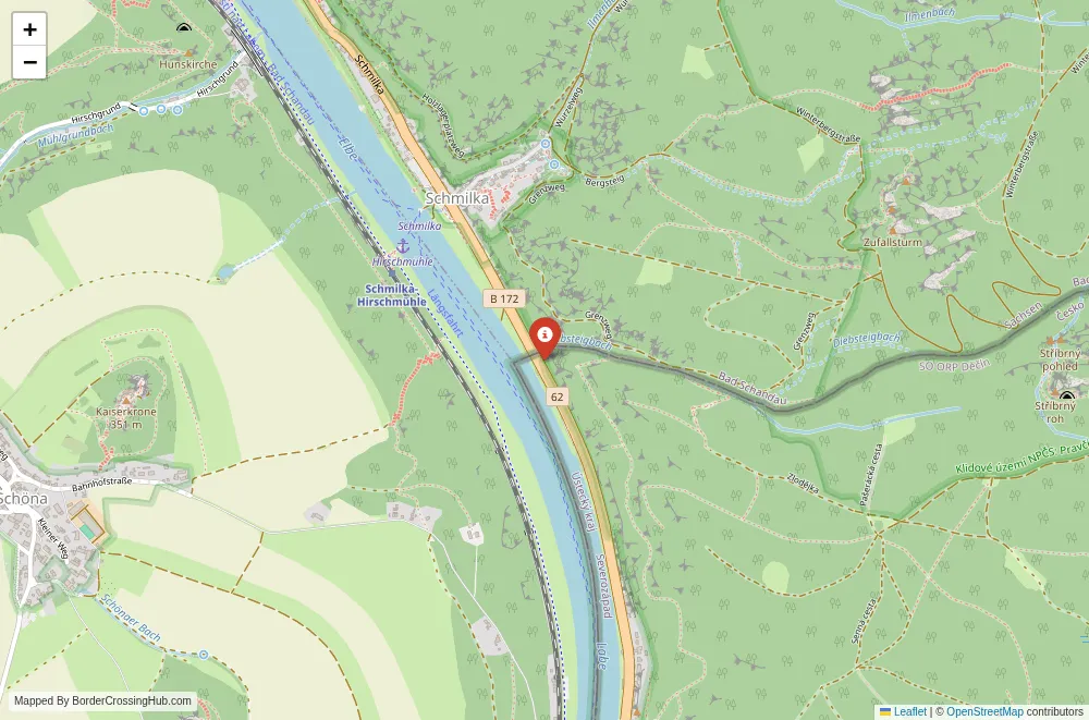 Close-up map showing a border crossing point with marker at the selected land port of entry between Czech Republic and Germany