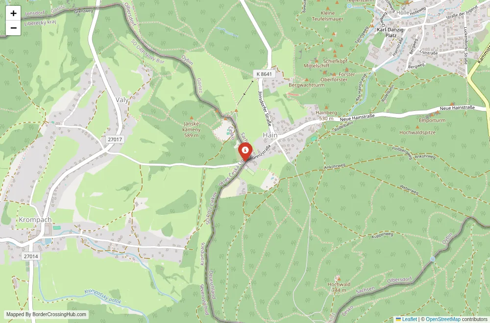 Close-up map showing a border crossing point with marker at the selected land port of entry between Germany and Czech Republic