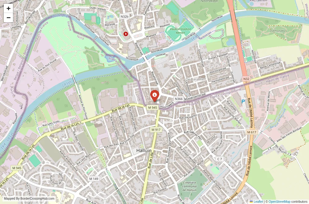Close-up map showing a border crossing point with marker at the selected land port of entry between France and Belgium