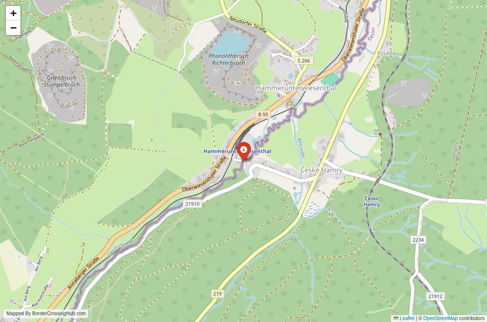Close-up map showing a border crossing point with marker at the selected land port of entry between Germany and Czech Republic