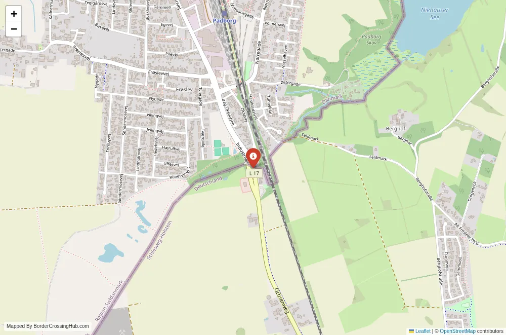 Close-up map showing a border crossing point with marker at the selected land port of entry between Denmark and Germany