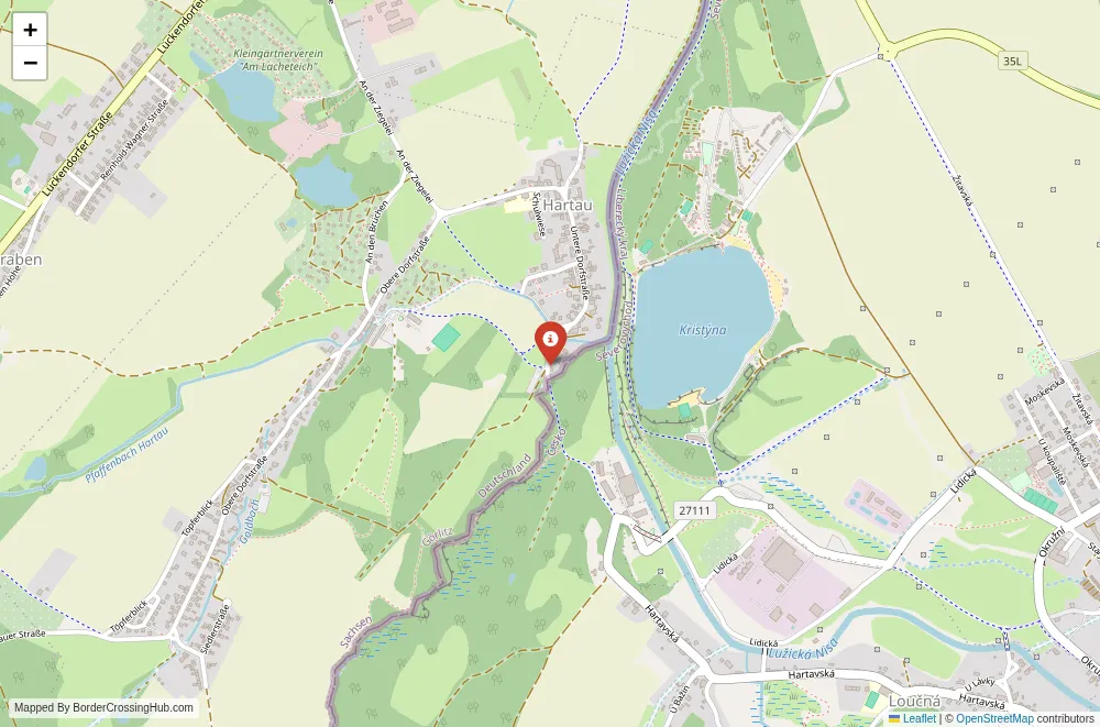 Close-up map showing a border crossing point with marker at the selected land port of entry between Germany and Czech Republic