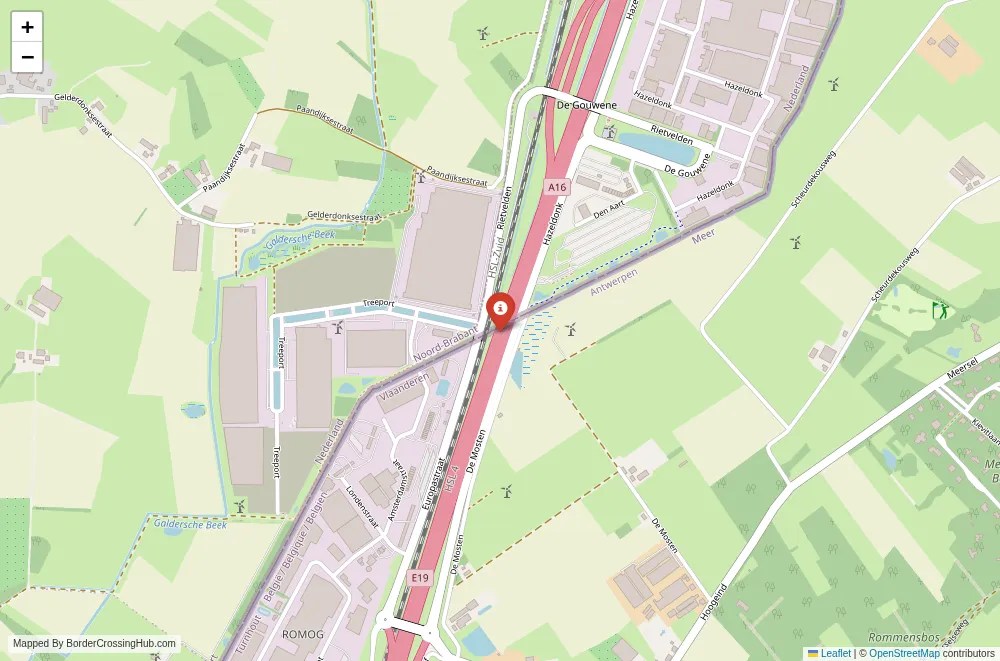 Close-up map showing a border crossing point with marker at the selected land port of entry between Netherlands and Belgium