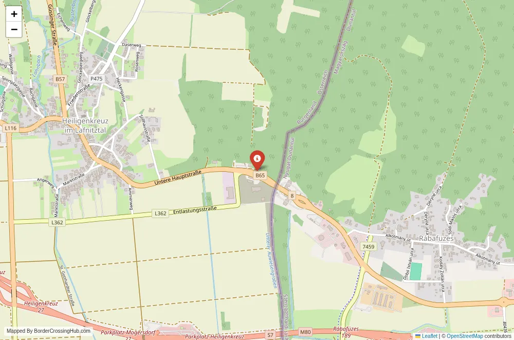 Close-up map showing a border crossing point with marker at the selected land port of entry between Austria and Hungary