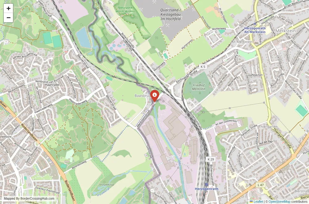 Close-up map showing a border crossing point with marker at the selected land port of entry between Germany and Netherlands