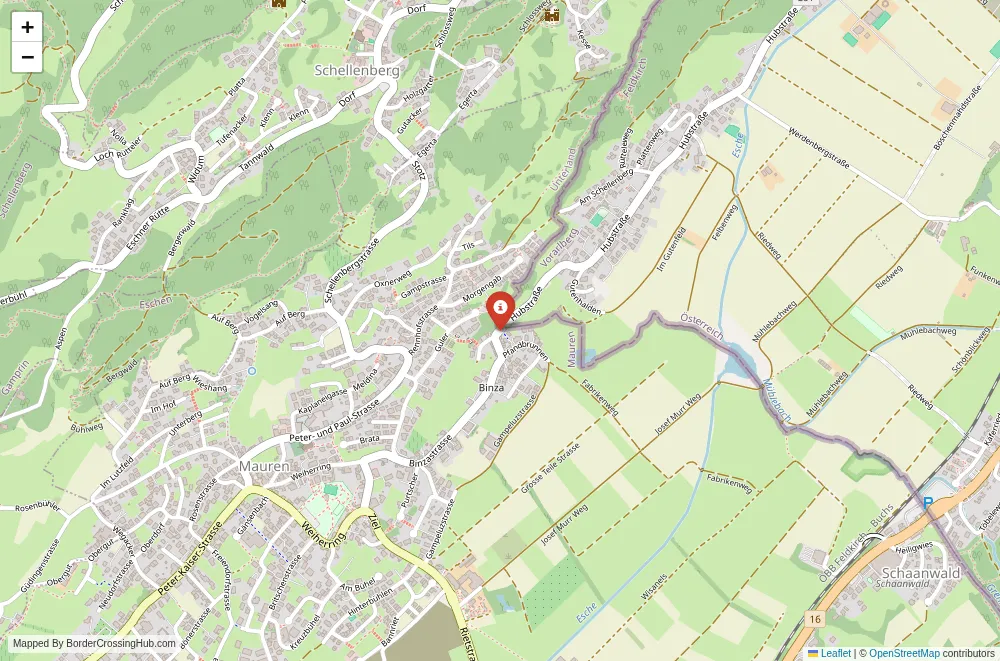 Close-up map showing a border crossing point with marker at the selected land port of entry between Liechtenstein and Austria