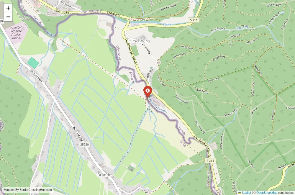 Close-up map showing a border crossing point with marker at the selected land port of entry between Germany and Czech Republic