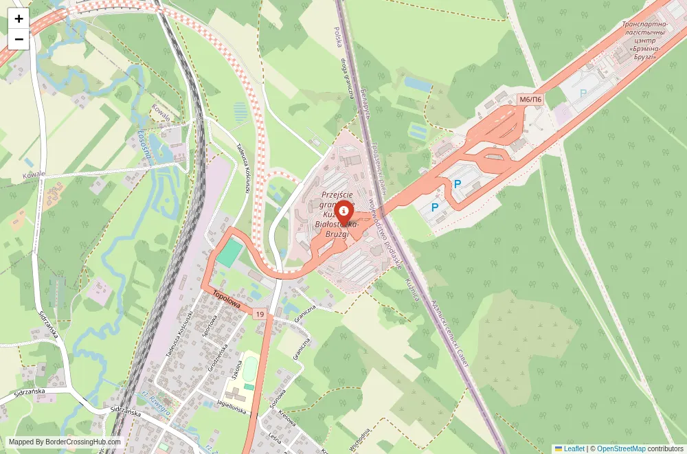 Close-up map showing a border crossing point with marker at the selected land port of entry between Belarus and Poland